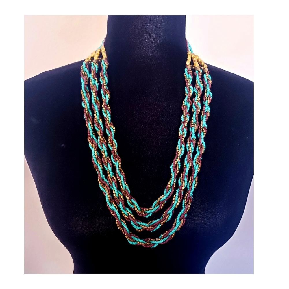 Vintage Turquoise Brown Twisted & Gold Beaded Necklace